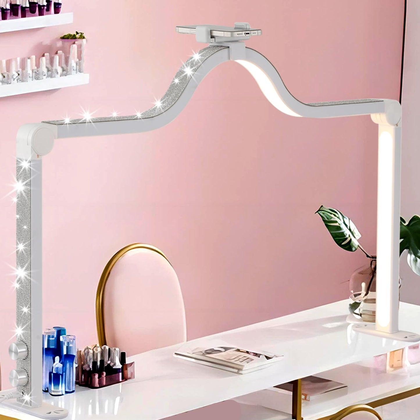 XCCFFSH Half Moon Light for Nail Desk, 34In Foldable Square Nail Tech Lamp with Phone Holder, Brightness Adjustable LED Nail Light, for Lash Eyelash Extension, Tattoo, Eyebrows, Crafts, White