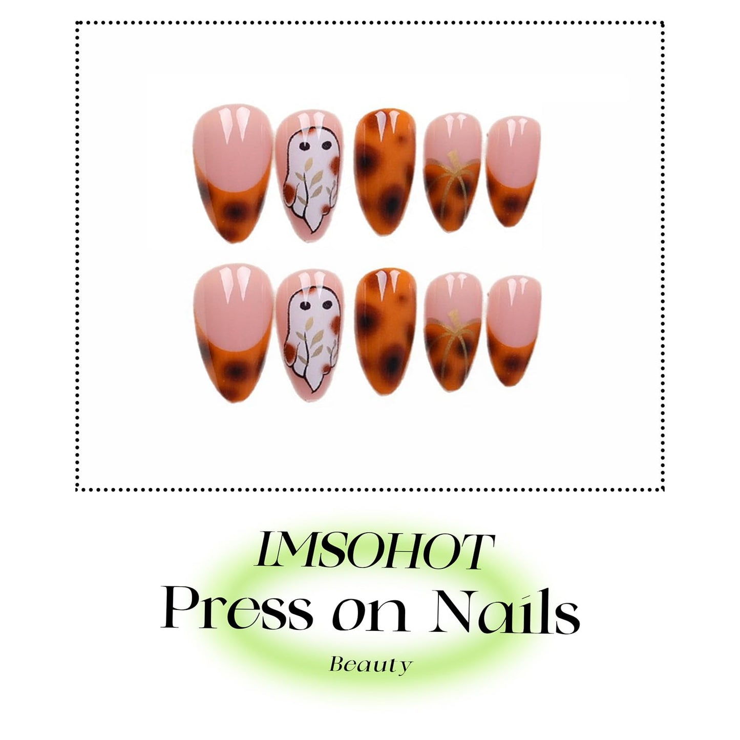 IMSOHOT Halloween Press on Nails - Medium Almond Handmade Fake Nails, Brown Amber Pumpkin French Nail Tips, Cute Ghost Designs, Full Cover Acrylic Glossy Fall False Nails 24Pcs