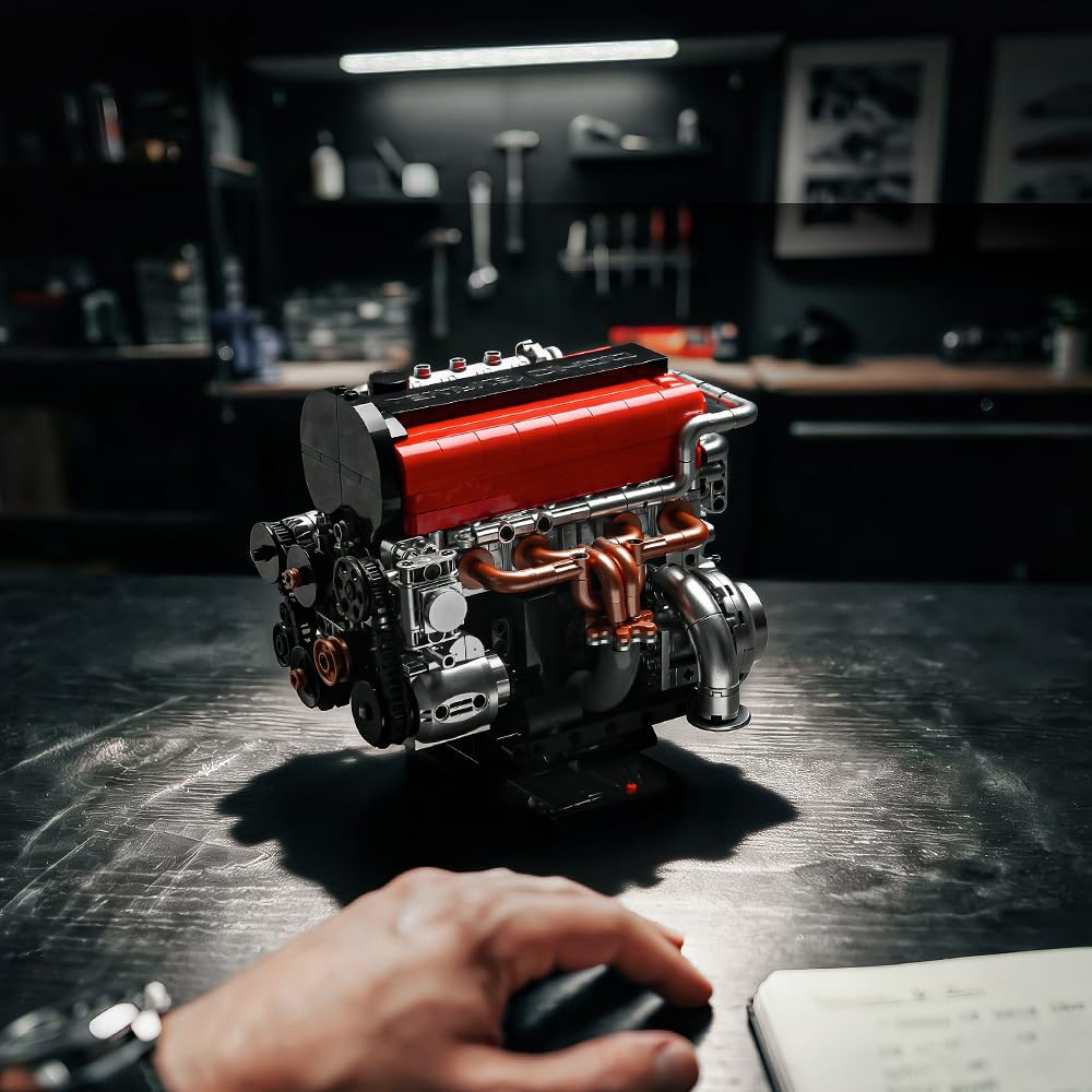KMS 4G63 Engine Model Kit to Build, 1008 Pcs JDM Legend Car Engine Building Blocks Set for Adults, Miniature 4-Cylinder Turbo Motor Assembly Mechanic Display, Unique Gifts for Men and Teens
