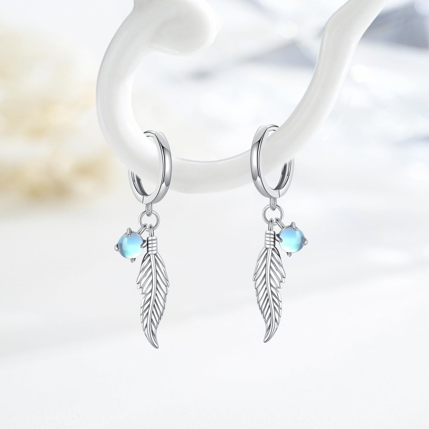 Feather Moonstone Earrings 925 Sterling Silver Moonstone Dangle Drop Earrings Feather Jewelry Bohemian Gifts for Women