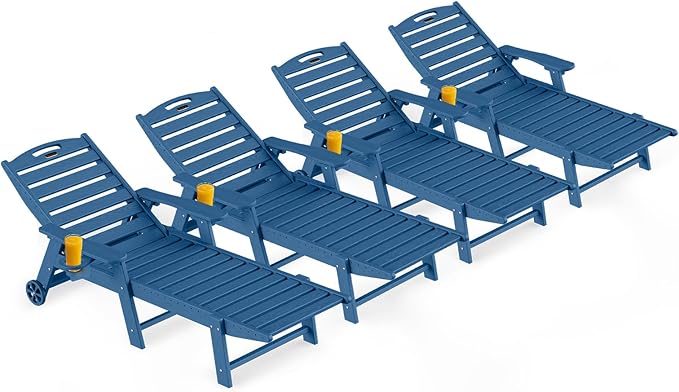 Outdoor Lounge Chair Set of 4, All Weather Patio Chaise Lounge Chair for Outside, HDPE Chair with Rolling Wheels & Cup Holder, 5 Position, Deck, Pool, Navy Blue