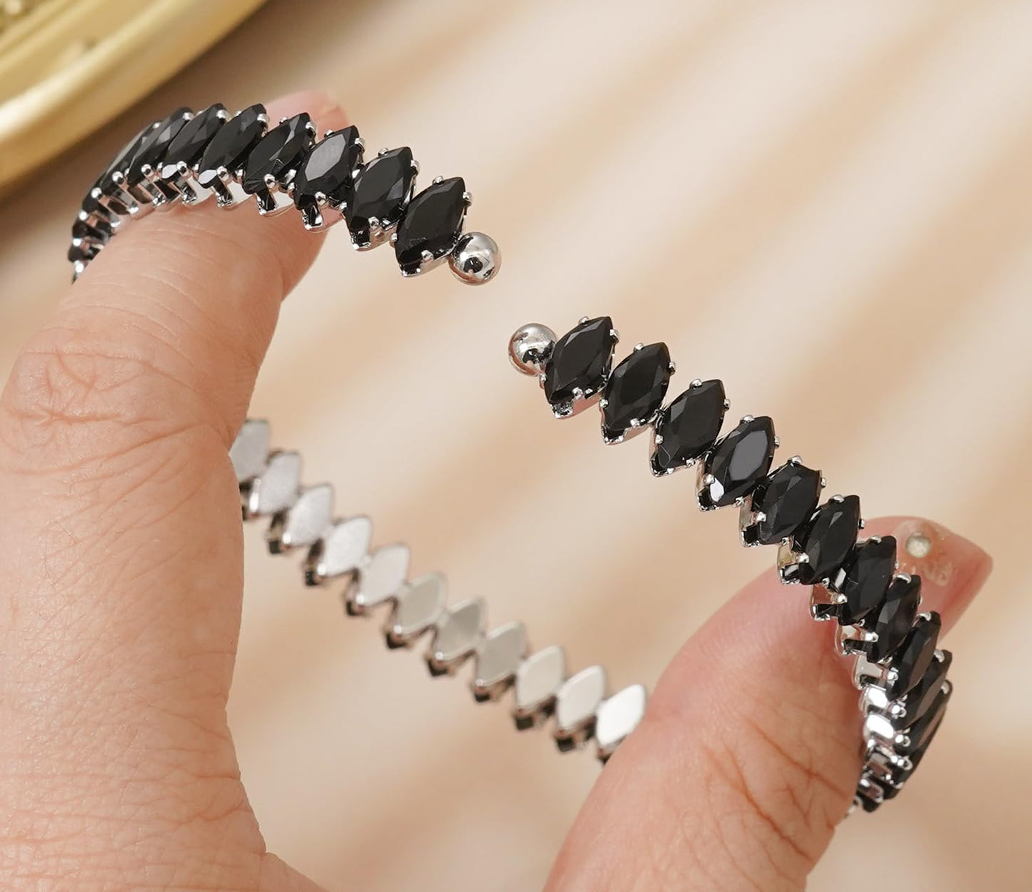 Wovanoo Rhinestone Cuff Bracelet Cubic Zirconia Tennis Bracelets Open Adjustable Elastic Bangle for Women Silver Black