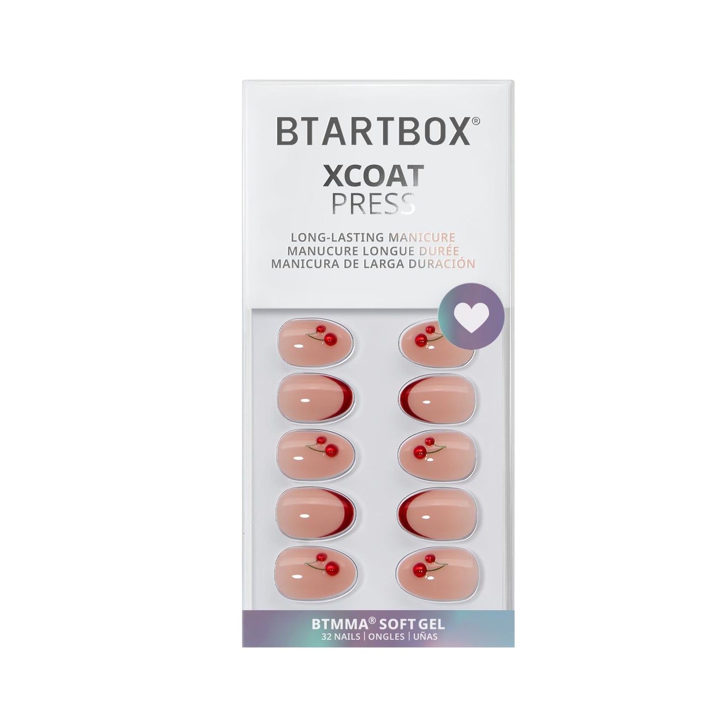 BTArtbox French Tip Press On Nails - Cherry Charm, Lamp-Curable Extra Short Red Almond Valentines Press On Nails with Glue and Adhesive Tabs for Women in 16 Sizes - 32 Soft Gel Glue On Nails Kit