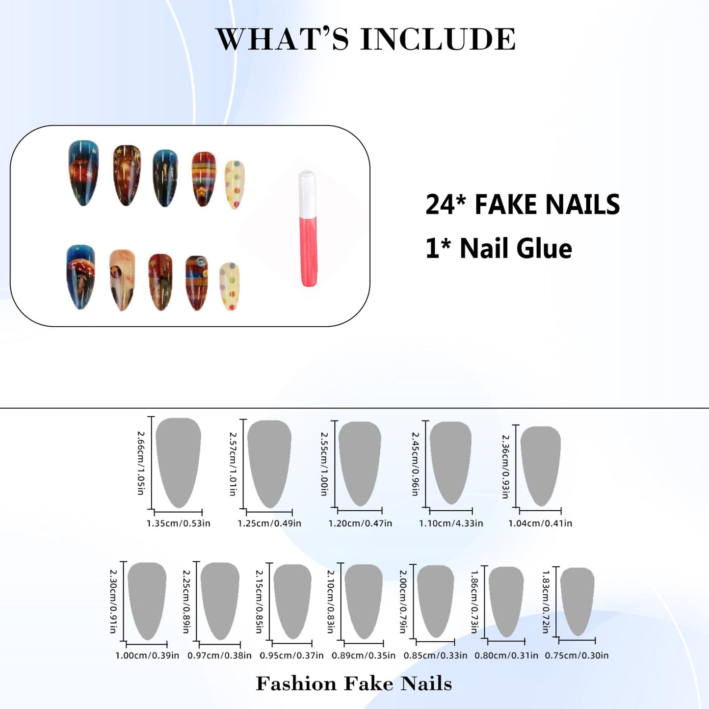 IMRAIN Press on Nails - Medium Almond Fake Nails | Polka Dot, Star, Cute Pattern Designs Full Cover Blue Brown Glue on Nails Glossy False Nails for Women Girls 24Pcs