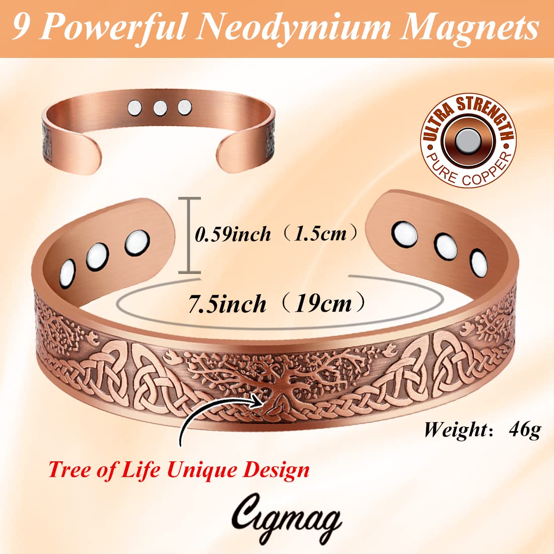 Cigmag 9X Copper Bracelet for Men Copper Magnetic Bracelet Strength Magnets Tree of Life Pattern Adjustable Solid Pure Cuff Bangle
