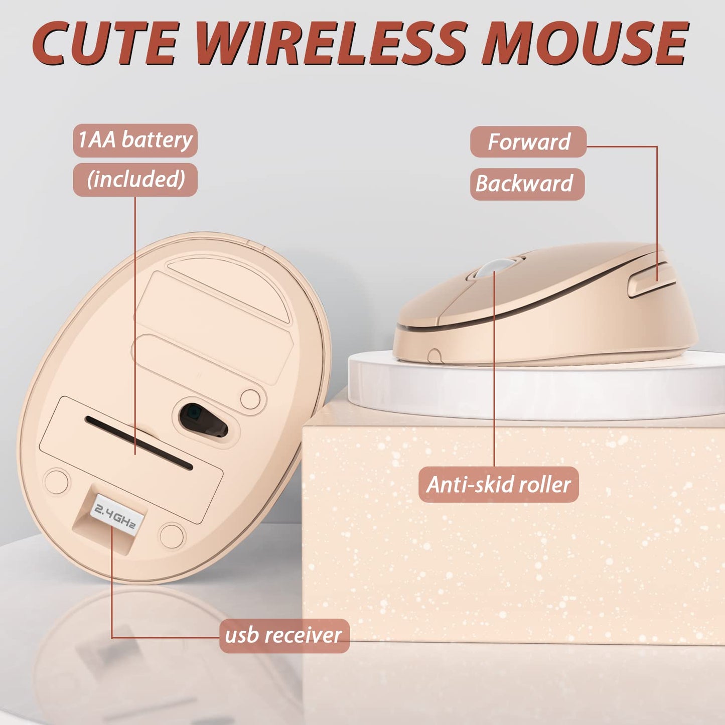 KOOTOP Wireless Keyboard and Mouse, Cute Keyboard and Mouse Combo with Retro Round Keycap, 2.4G Connectivity for PC, Mac, Laptop, Computer Windows (Milk Tea)