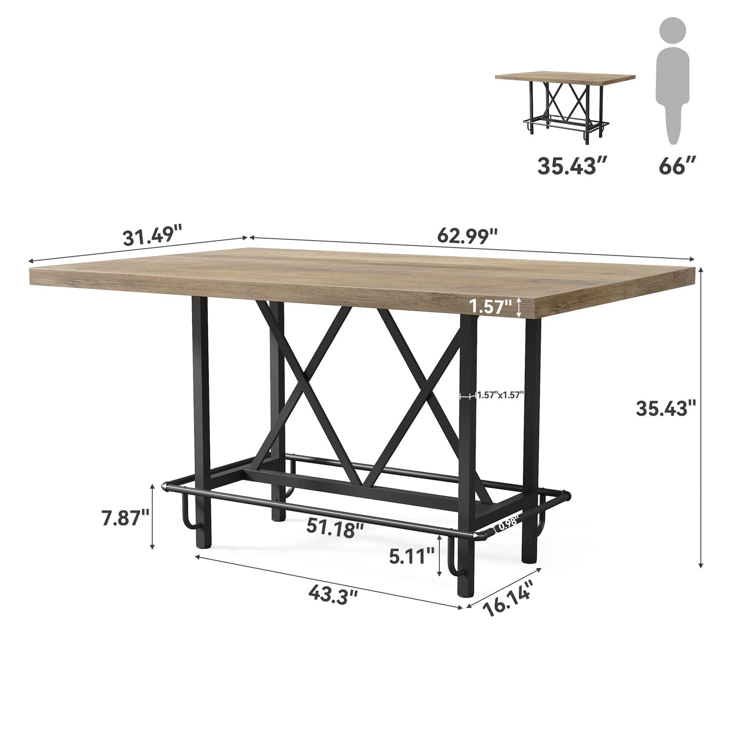 LITTLE TREE 63-Inch Industrial Bar Table with Metal Footrest, Counter Height Pub Table for Kitchen, Home Bar & Entertaining (Rustic Gray)