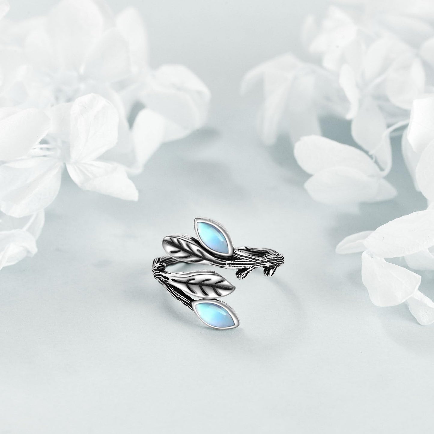 POPLYKE Leaf Moonstone Ring Sterling Silver Boho Adjustable Open Ring Gemstone Spoon Ring Vintage Thumb Rings for Women