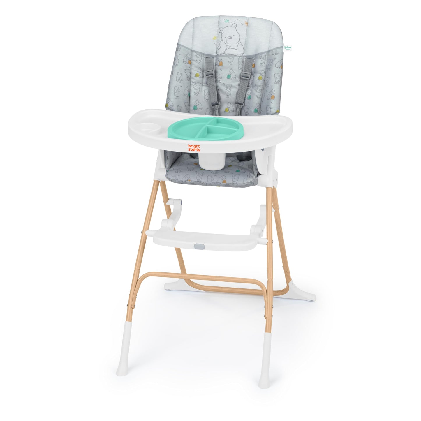 Bright Starts Disney Baby Winnie The Pooh Compact Folding High Chair, Food-Grade Safe Plate, 5-Point Harness, for Ages 6 Months and Up, Unisex – Classic Pals Pattern