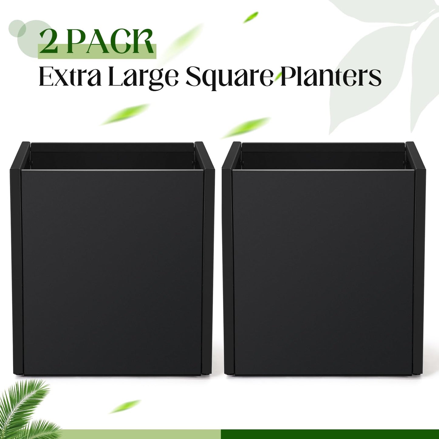 RimCereal 2 Pcs Extra Large Black Square Planter Box Outdoor 17" L x 17" W x 18" H Heavy Galvanized Steel Planters with Drainage Holes Divider for Patio Porch Tall Plants