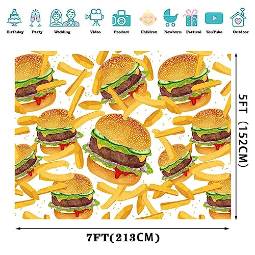 Hamburger French Fries Backdrop, 7x5ft, Fast Food Photograhy Background Birthday Party Supplies Burger Shop Decoration Banner Photo Booth Props BJOKPR0256 - size: 7x5