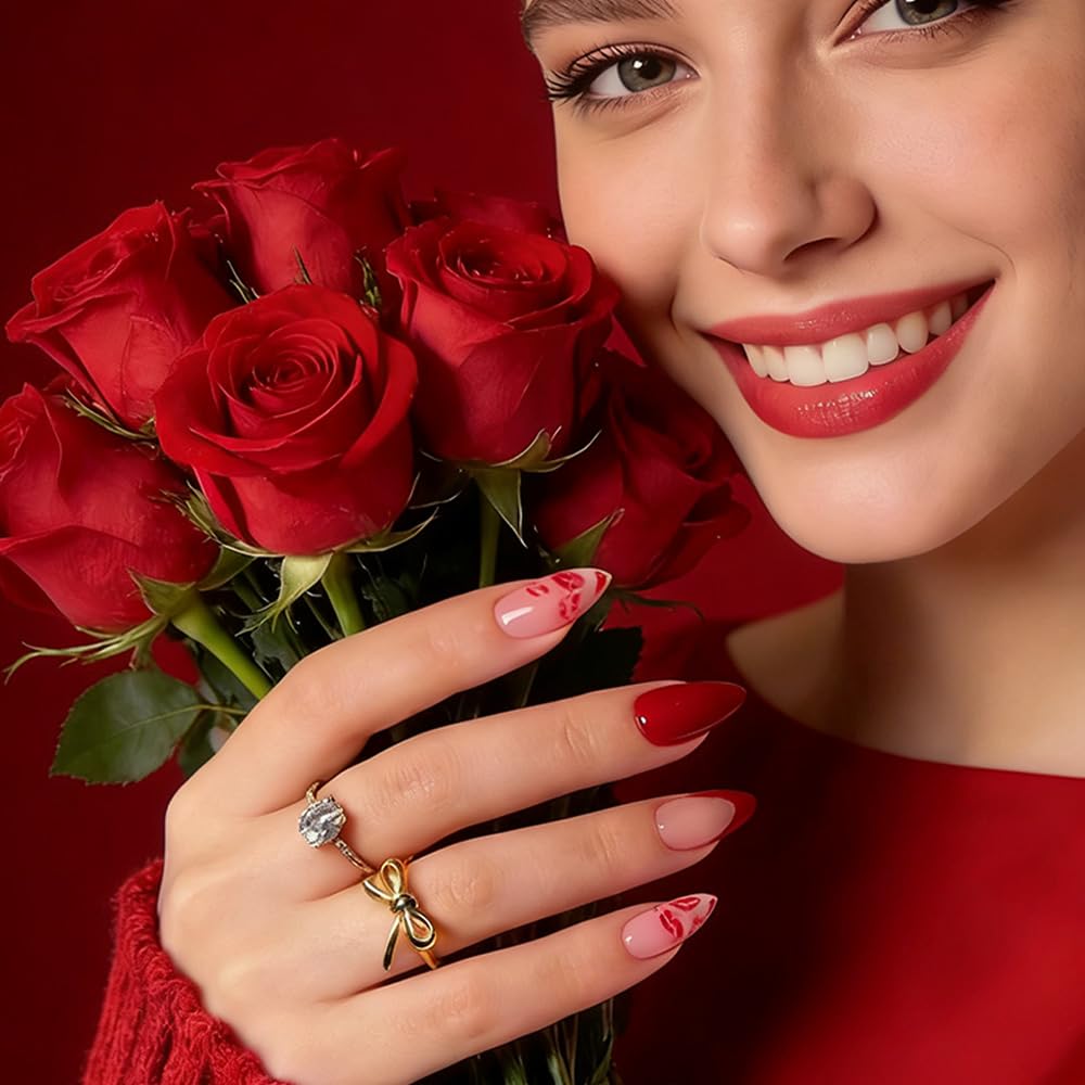 FJSMTOPl Valentine's Day Press on Nails - Red Fake Nails - Almond False Nails Press ons - Lips Acrylic Glue on Nails - Artificial Stick on Nail for Women Manicure 24 Pcs