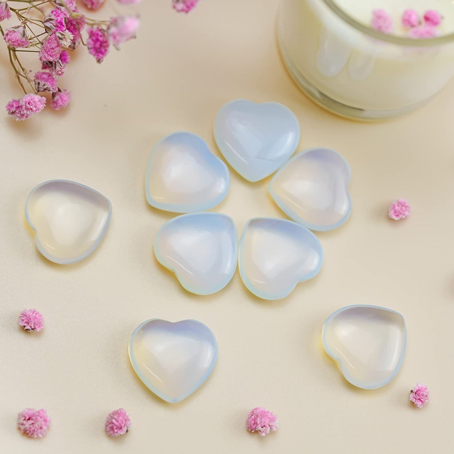 Marrywindix 15 Packs 0.8 Inch Healing Crystal Natural Opalite Heart Love Carved Palm Worry Stone Chakra Reiki Balancing