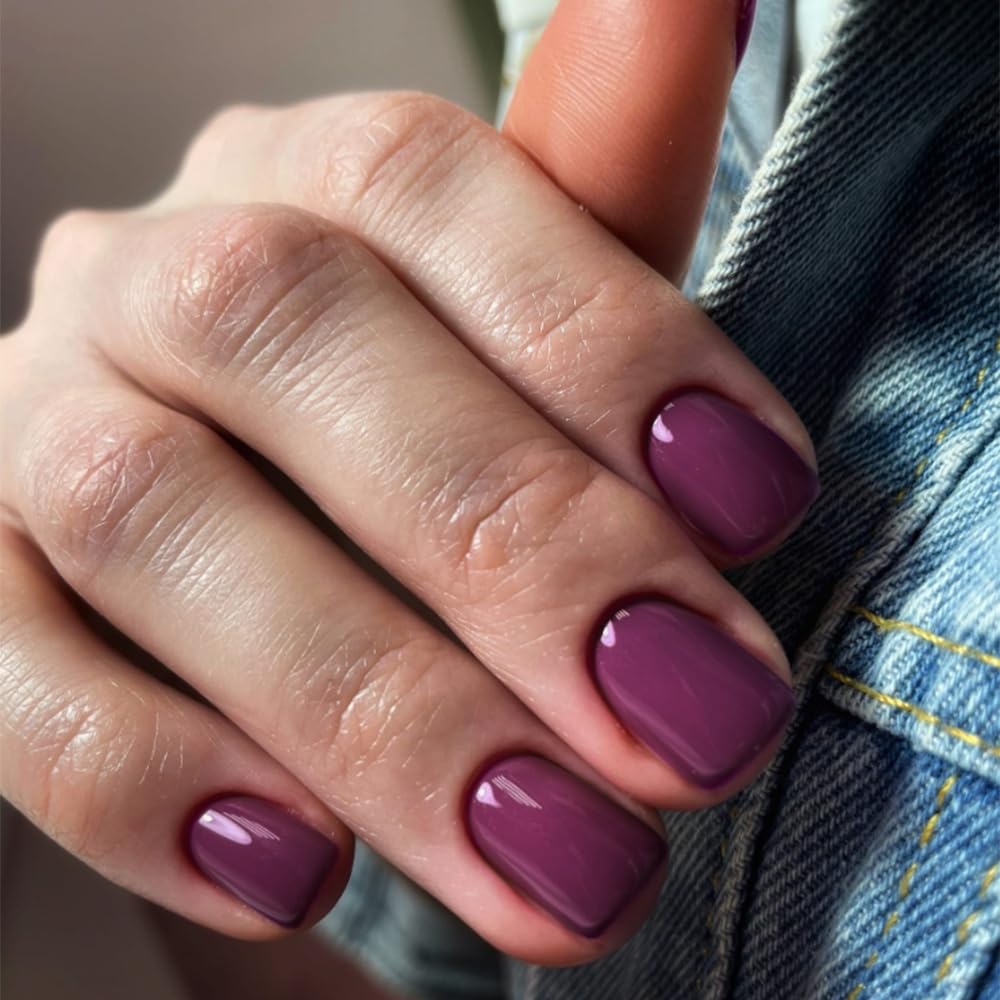 Plum Press on Nails Short Square, Acrylic Fake Nails Glue on Short Square Nails Press ons, Soft Gel Glue on Nail Stick on for Women Thick Solid Color 24pcs