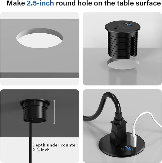 2.5 inch Power Grommet,20W USB-C Charging,1 Outlet with 2 USB C,1 USB Port,Furniture Flush Mount for Desktop,Recessed Power Strip,Workspace Essential Desk Outlet (Black, 6 FT)
