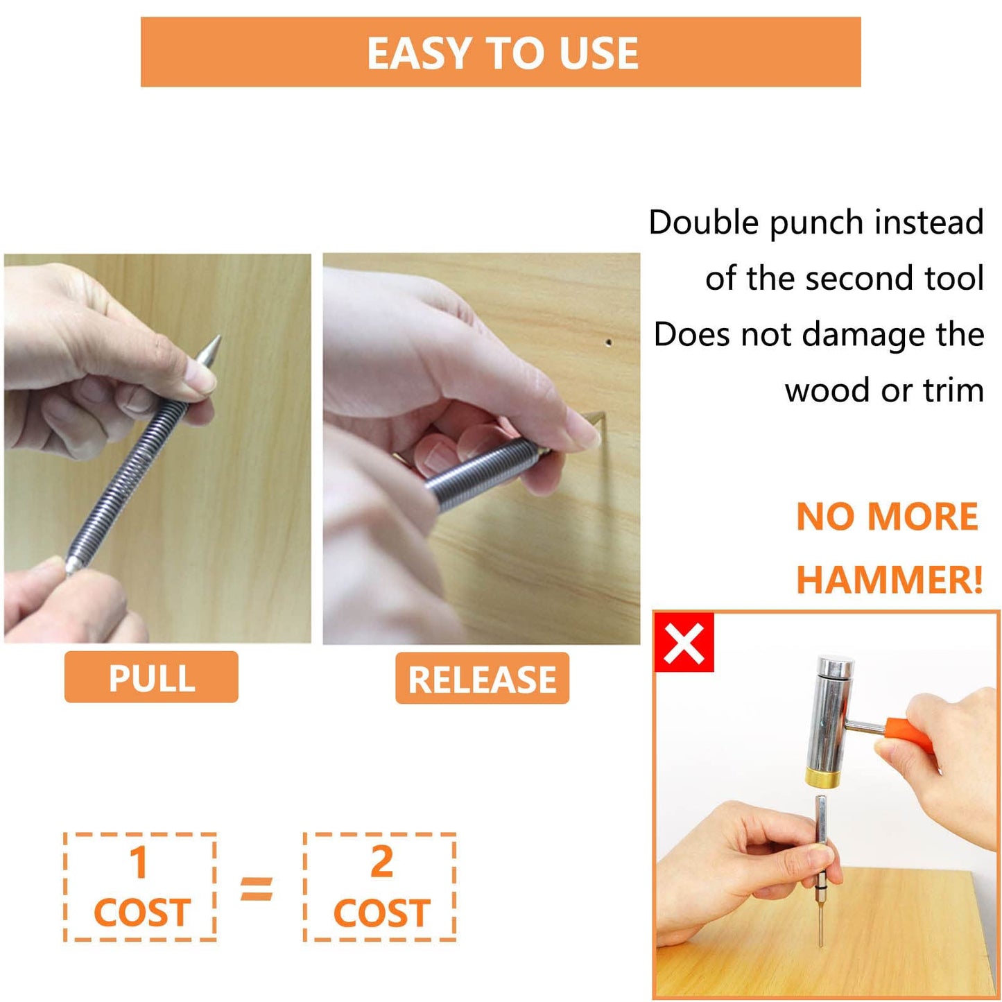 WHLLING 2-Piece Dual Head Combo Nail Setter, Double Ended 3/32″& 1/8″Spring Nail Set, 3500 PSI Striking Force Hammerless Nail Set Punch Nail Pullers