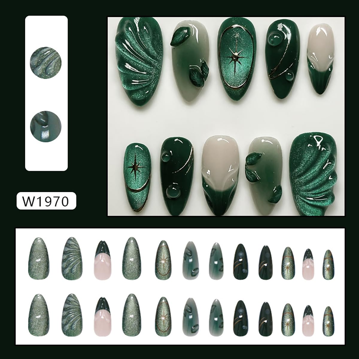 PODUOJIEYI 24Pcs Glitter Green Press On Nails Medium Almond Shape False Nails with 3D Leaf Water Ripple Designs Gold Star Glossy Acrylic Glue On Nails for Women DIY Manicure Salon