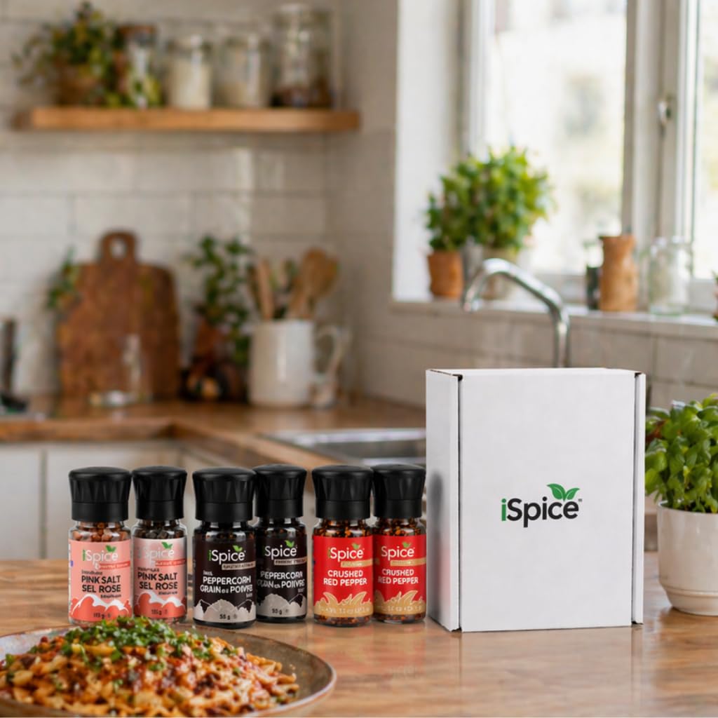 ISpice Kitchen Essentials 6-Pack Spice Grinder Set with Himalayan Pink Salt, Black Peppercorn, and Crushed Red Pepper, 6 Items