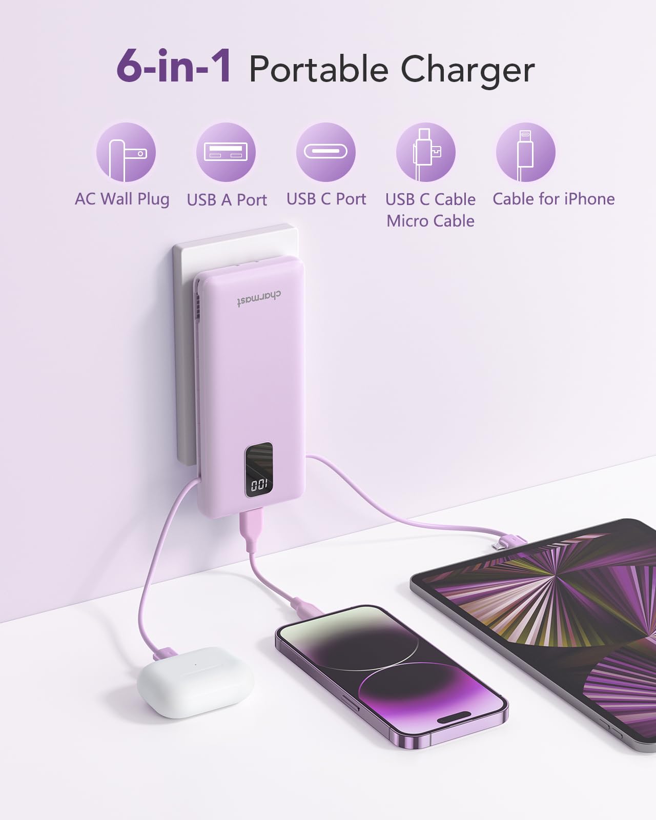 charmast Portable Charger with Built-in Cables & Wall Plug, 10000mAh Portable Power Bank, External Battery Pack Travel Essentials Compatible with iPhone 16/15/14/13, Samsung, iPad etc