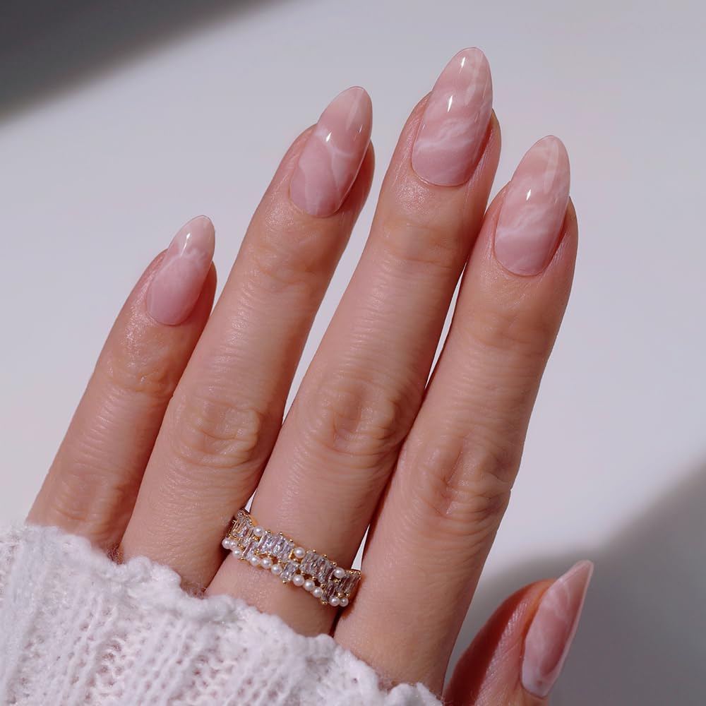 Heyhae Semi Cured Gel Nail Strips | No LED Lamp Needed | Pink, Marble | Easy Apply & Remove, Salon Quality | Includes 28 Strips, 1 Prep Pads, Nail File & Wooden Stick - Hey, Crystal Calm