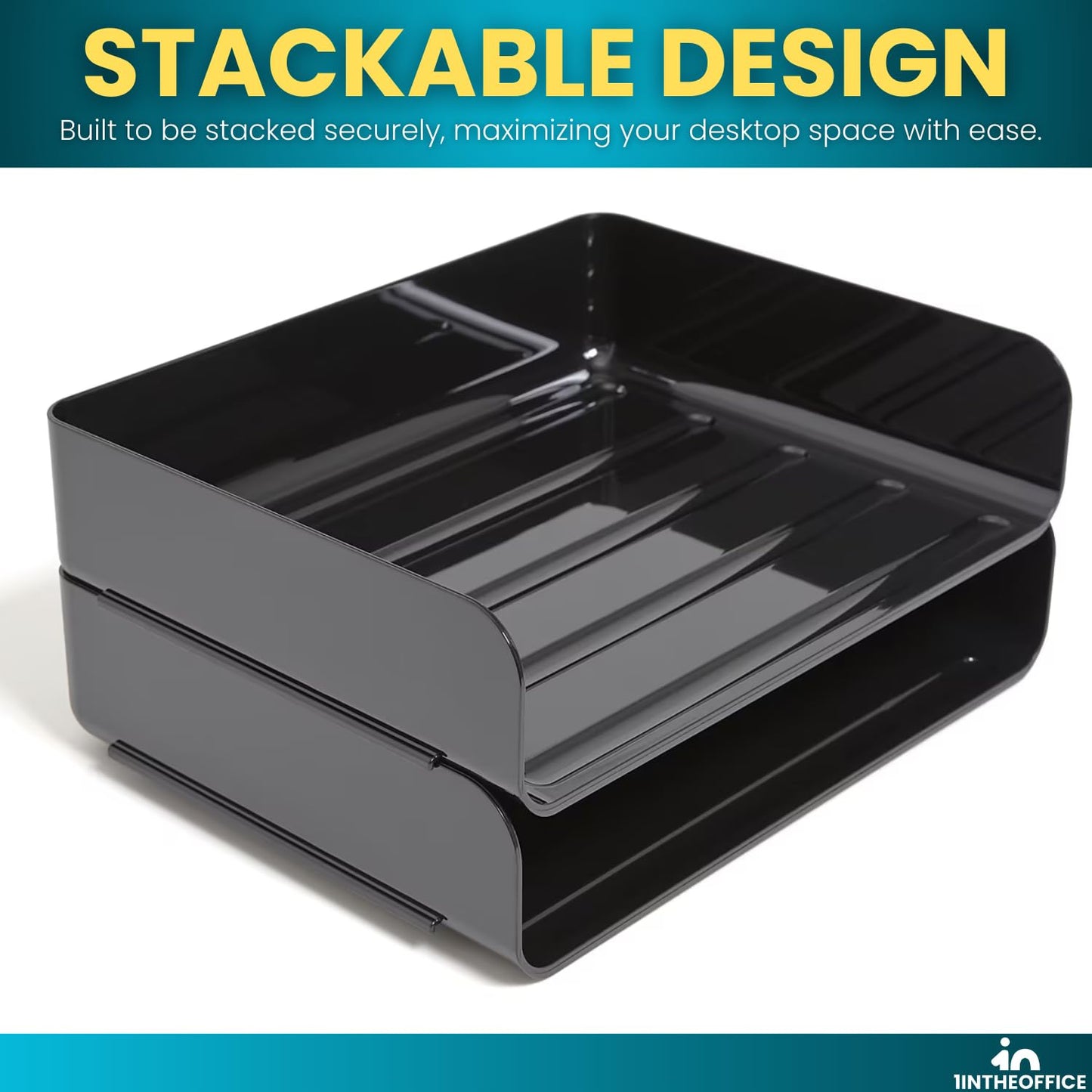 1InTheOffice Stackable Paper Tray Organizer, Plastic Letter Tray, Office Desk Tray, Black (4Pack)