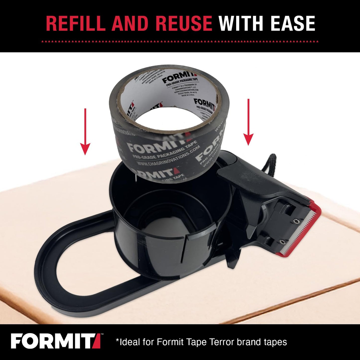 Tape Terror Packing Tape Dispenser - Heavy Duty Shipping Tape Dispenser for Boxes, Refillable, Fits Standard Bulk Tapes Up to 2" Wide - Razor-Sharp Cutting Packaging Tape Dispenser (1-Count)