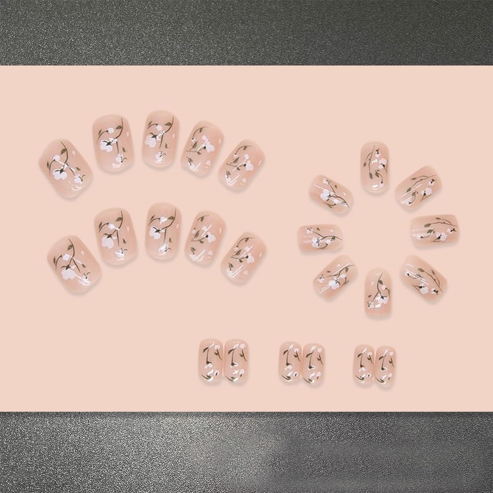 24Pcs Spring Summer Press on Nails - Pink Short Square False Nails With Floral Design Artificial Nails Acrylic Full Cover Fake Nail Kit Flower Stick on Nails For Women And Girls