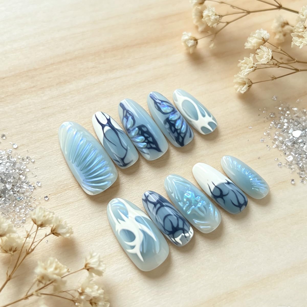 3D Press On Nails Almond Medium Light Blue Fake Nails with Embossed Butterfly Wings Flower French Designs, Acrylic Artificial Nail Press ons False Stick On Nails for Women Girls 30Pcs