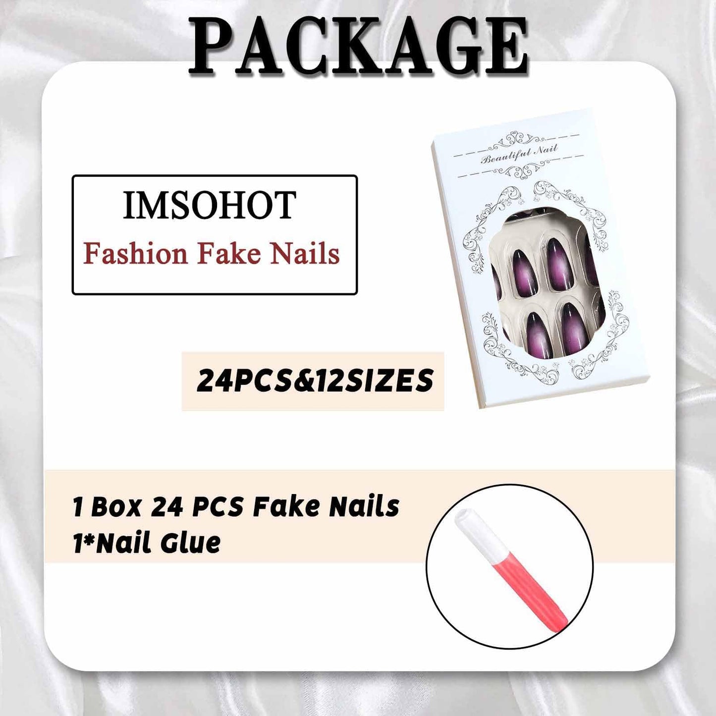 IMSOHOT Press on Nails Medium Almond Fake Nails Purple Ombre Stiletto Acrylic False Nails Gel Full Cover UV Artificial Nails 24PCS