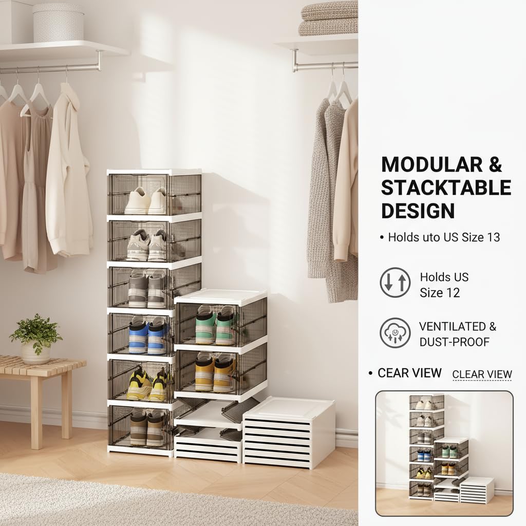 M ACHOOSE Shoe Storage Organizer Box 6-Tier Foldable Collapsible Stackable Shoe Rack Bins, Fit Size 12, No Assembly, for Men and Women (Transparent gray)
