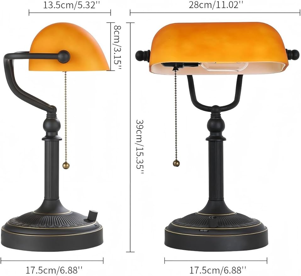 Newrays Matted Amber Glass Bankers Desk Lamp, Stepless Dimmable Table Lamp Plug in Fixture for Study, Home Office,Library, LED Bulb Included