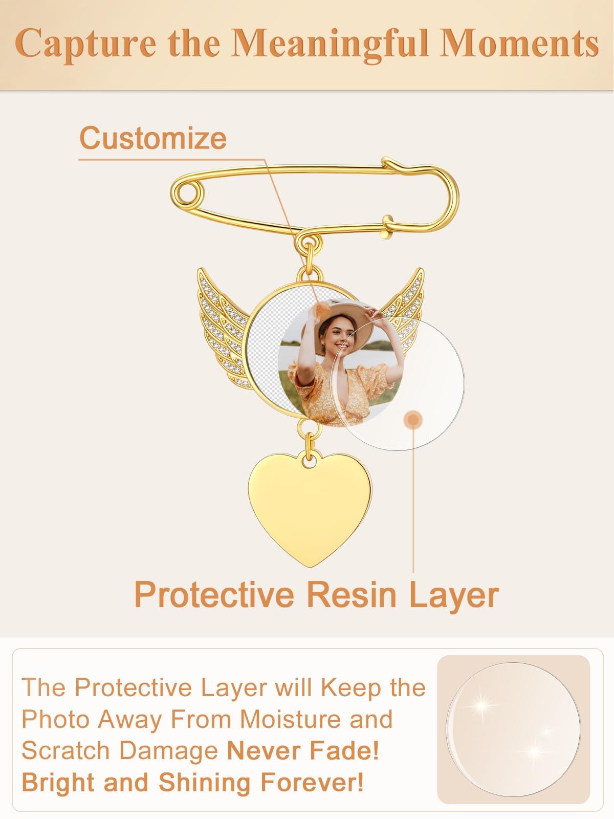 Custom4U Angel Wings Customizable Photo Pins with Name Engraving, Wedding Bouquet Brooch for Bride Groom Mother Father