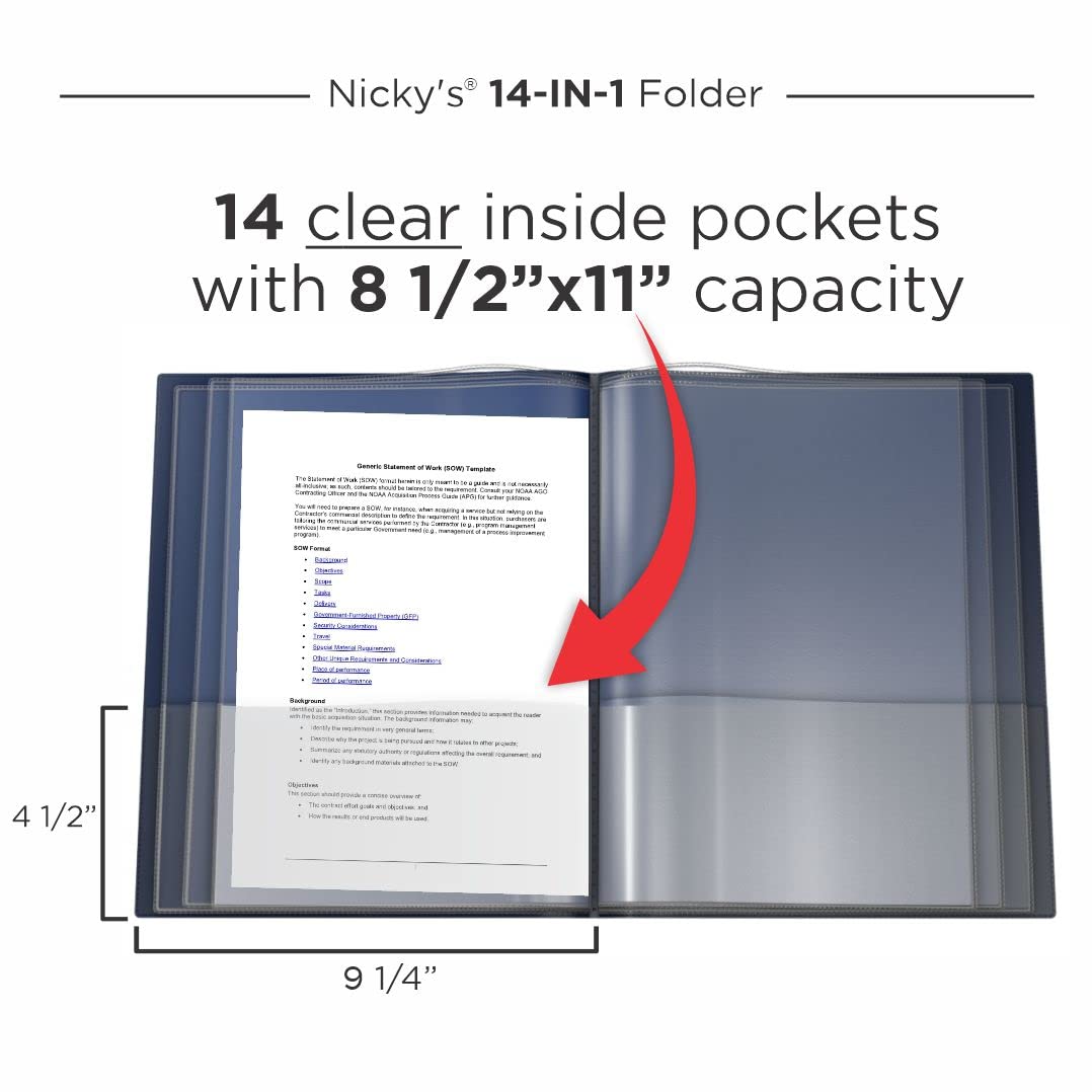 Nicky's® Multi Pocket Organizer, 10 or 14 Page Folder, Waterproof, Patented Tear-Resistant, Flexible Plastic, Proudly Made in USA, Binder Substitute. (14-in-1 Navy Blue)