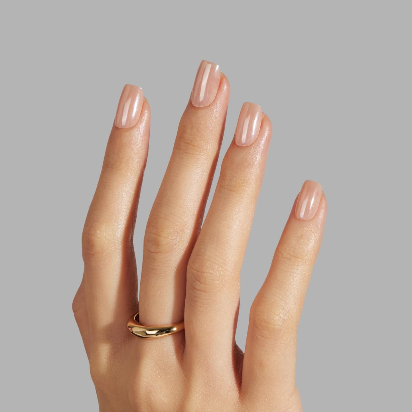 LAMIMOSA 32Pcs Chrome Nude Press On Nails Short Square - Soft Gel Fake Nails in 16 Sizes, Reusable Glue on Nails kit in Glazed Finish, CHAMPAGNE
