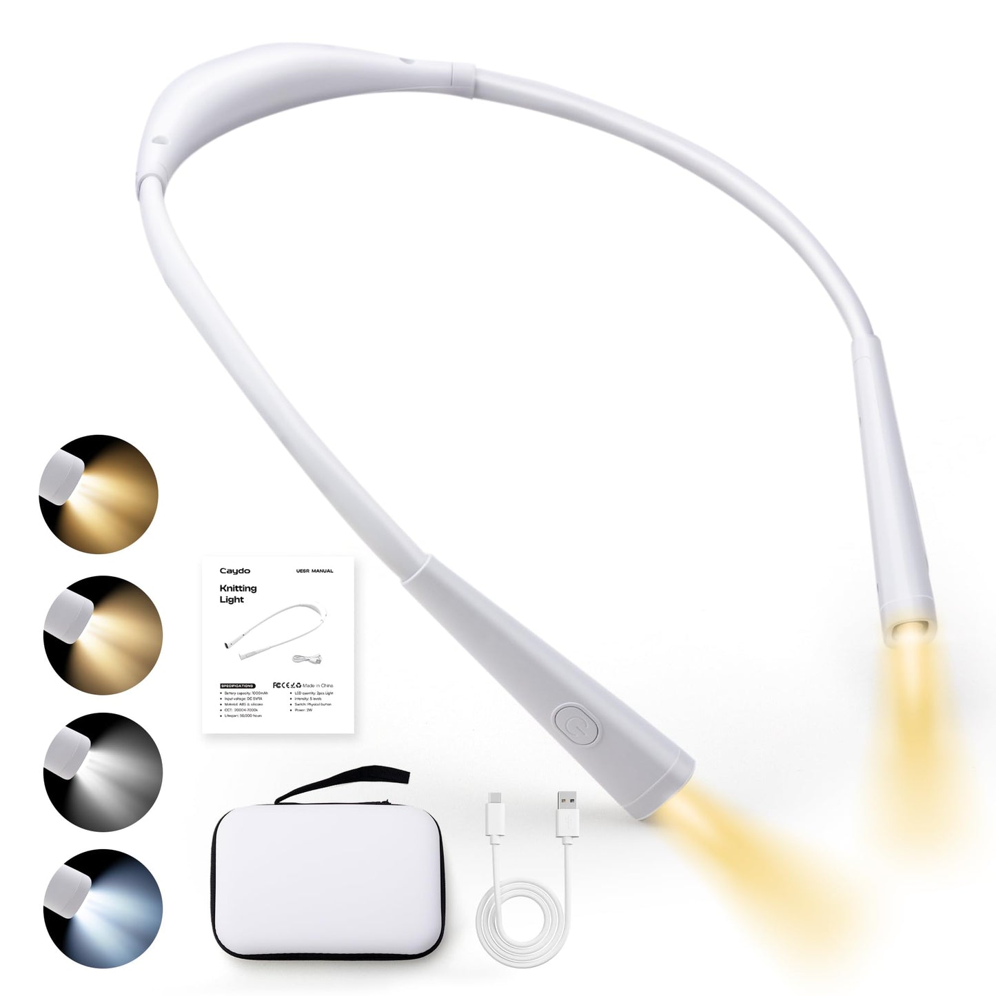 Caydo Knitting Light with Storage Bag, 4 Colors & 5-Step Brightness Neck Light, Book Light for Reading and Crocheting, Around The Neck Lights for Crafts, Rechargeable Knitting Crochet Light(White）