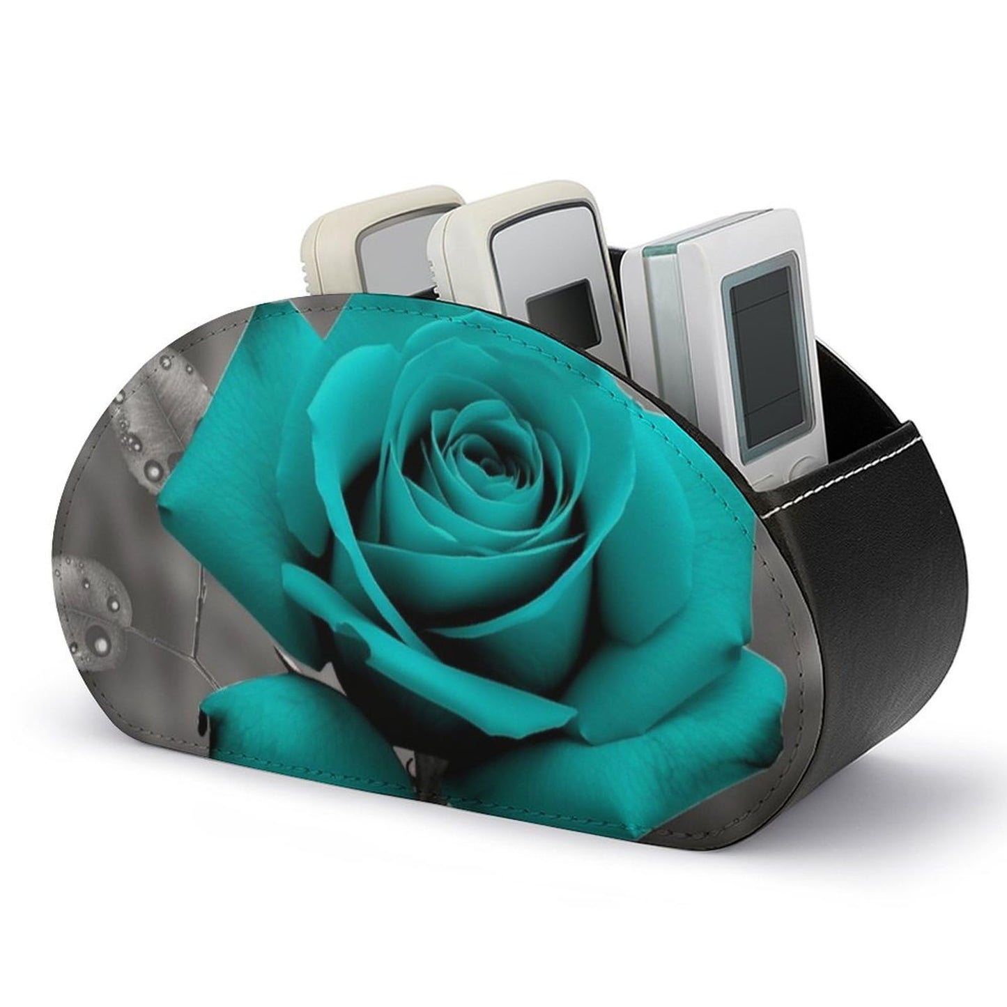 POTSCBVW Teal Grey Rose Remote Control Storage Box with 5 Compartments Leather Remote Control Organizer Box for End Table Stylish TV Accessory Holder for Living Room Bedroom Office