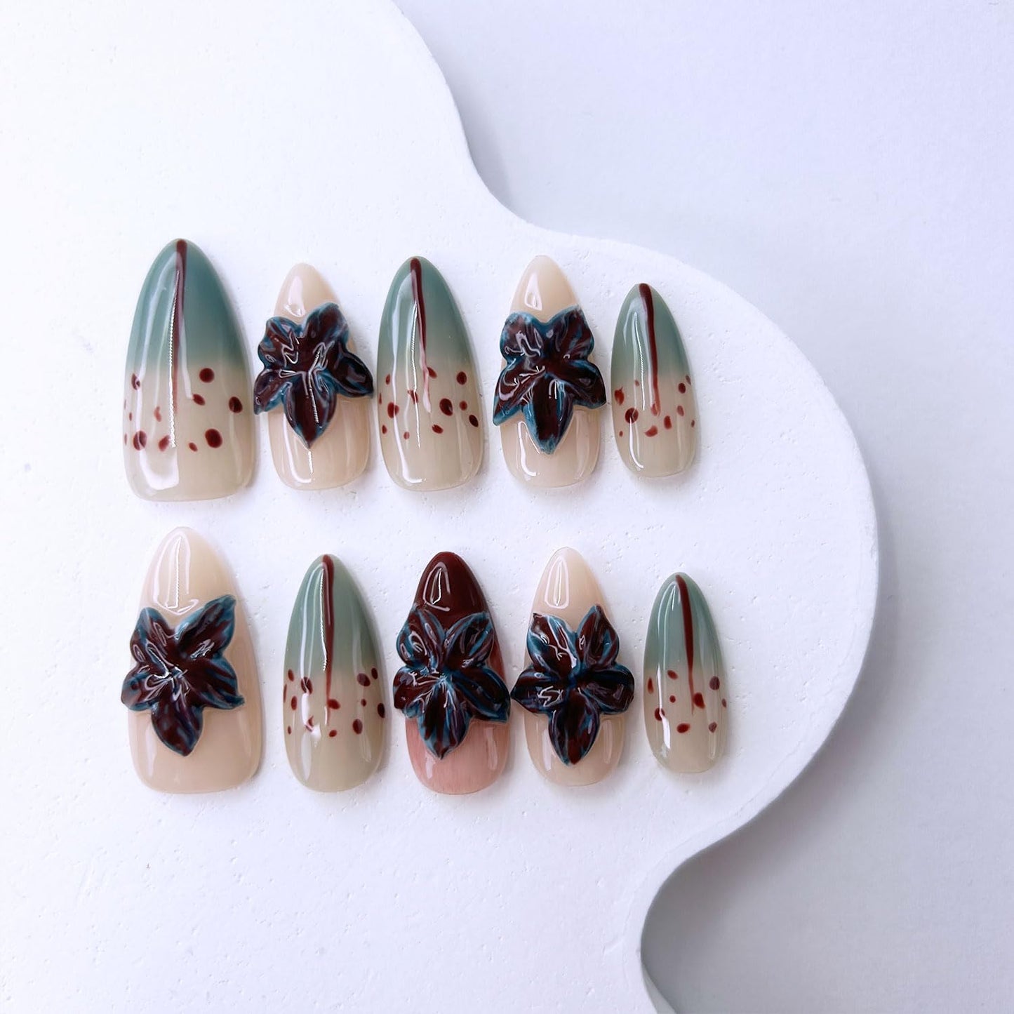10 Pcs Handmade Almond Press on Nails Medium French Tip False Nails with Glue,3D Flower Bloodstain Gradient Glossy Designs Stick on Nails Full Cover Artificial Acrylic Glue on Nail for Women (S）
