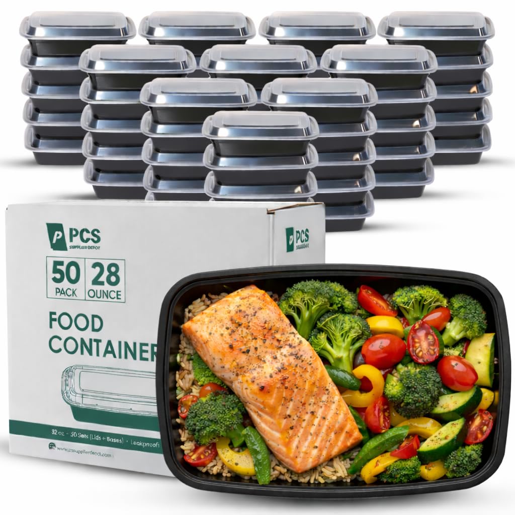 50 Pack (100 Piece) 28 oz Meal Prep Containers Reusable BPA Free Leakproof Stackable Food Storage Containers with Lids, Microwave & Dishwasher Freezer Safe To Go Bento Box Style Take Out Clear Plastic