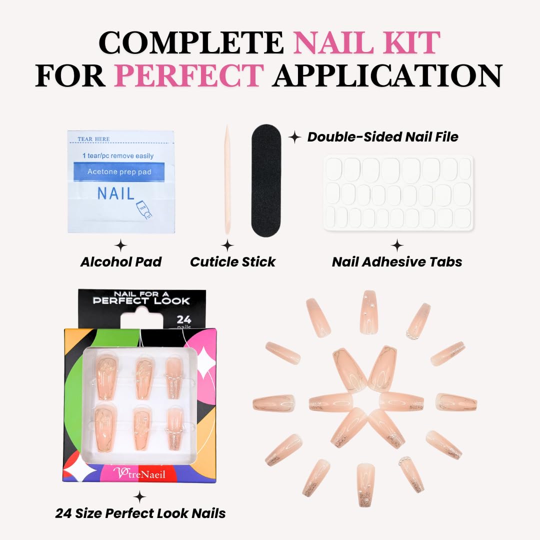 PerfectLook Press On Nails - Pearl Bloom | No Glue One-Day Nude Marble Coffin Fake Nails With Glitter & Butterfly Charms - 24 Pcs Nail Kit With Adhesive Tabs