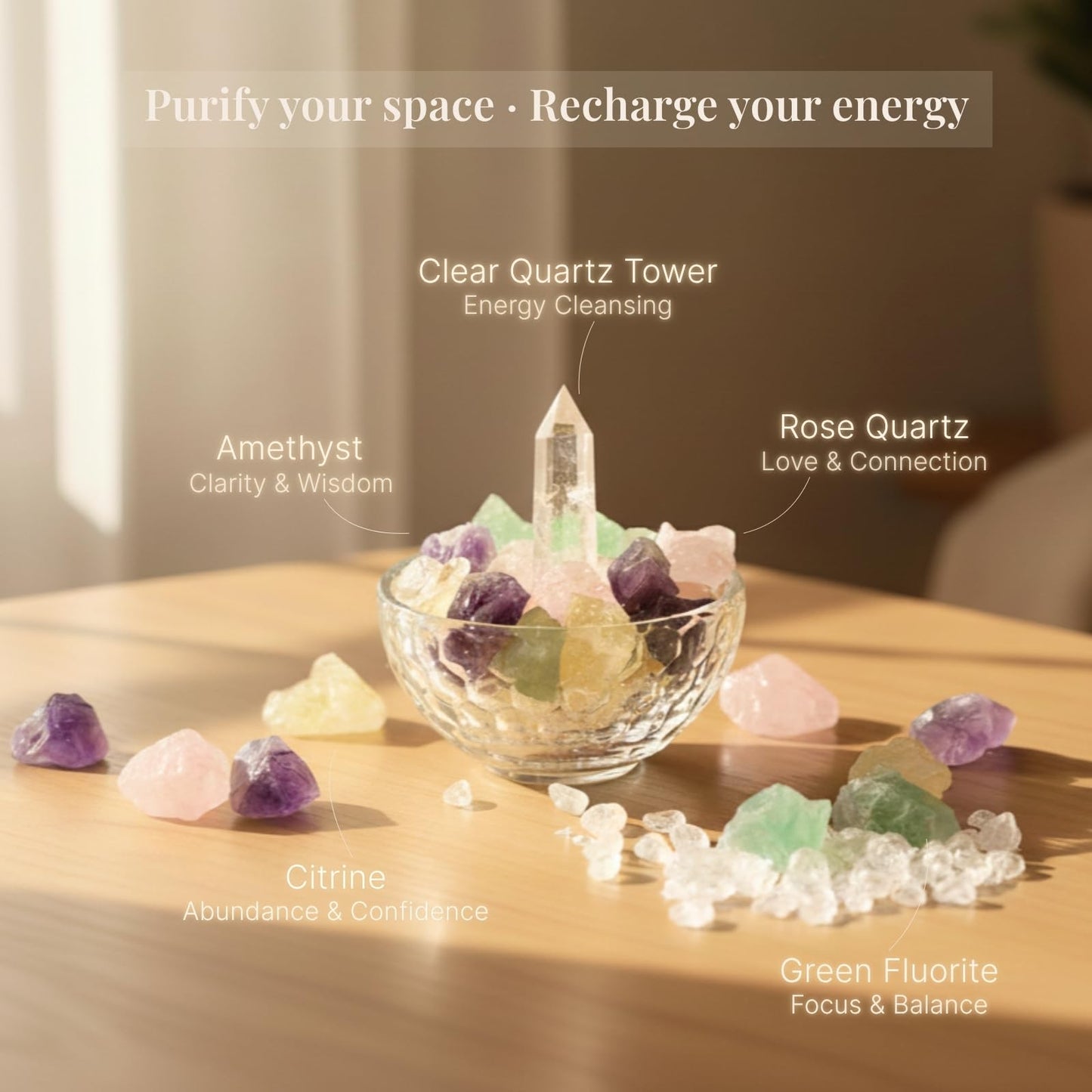 VELNORIX Crystal Decor Bowl Set – 4" Glass Cleansing Bowl with Real Healing Crystals: Clear Quartz Tower, Amethyst, Rose Quartz, Citrine & Fluorite – Meditation Decor & Spiritual Gift Box
