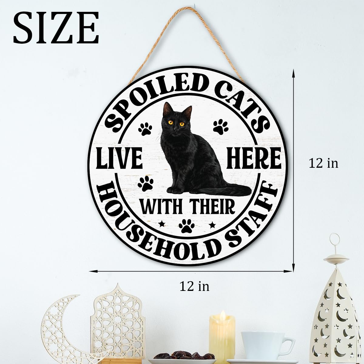 Black Cat Wood Hanging Sign for Front Door, Cat Gifts House Welcome Sign