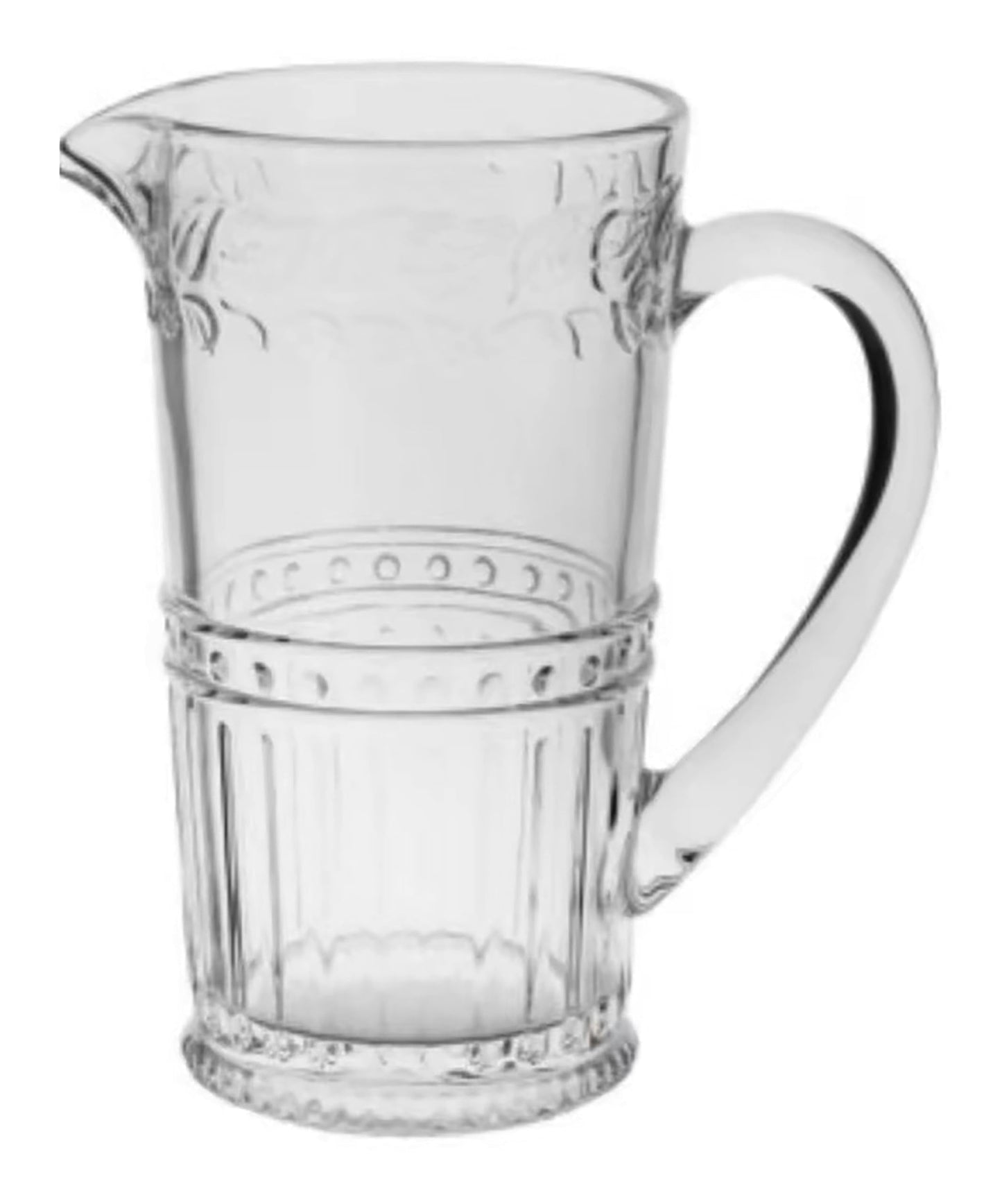 Vintage Style Glass Pitcher, 34 oz, Embossed Deco Pattern, Clear
