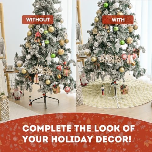 AVOIN colorlife Soft Plush Faux Fur Christmas Tree Skirt 36 Inch, Jacquard Beige Xmas Star Pine Trees Winter Holiday Mat Decoration