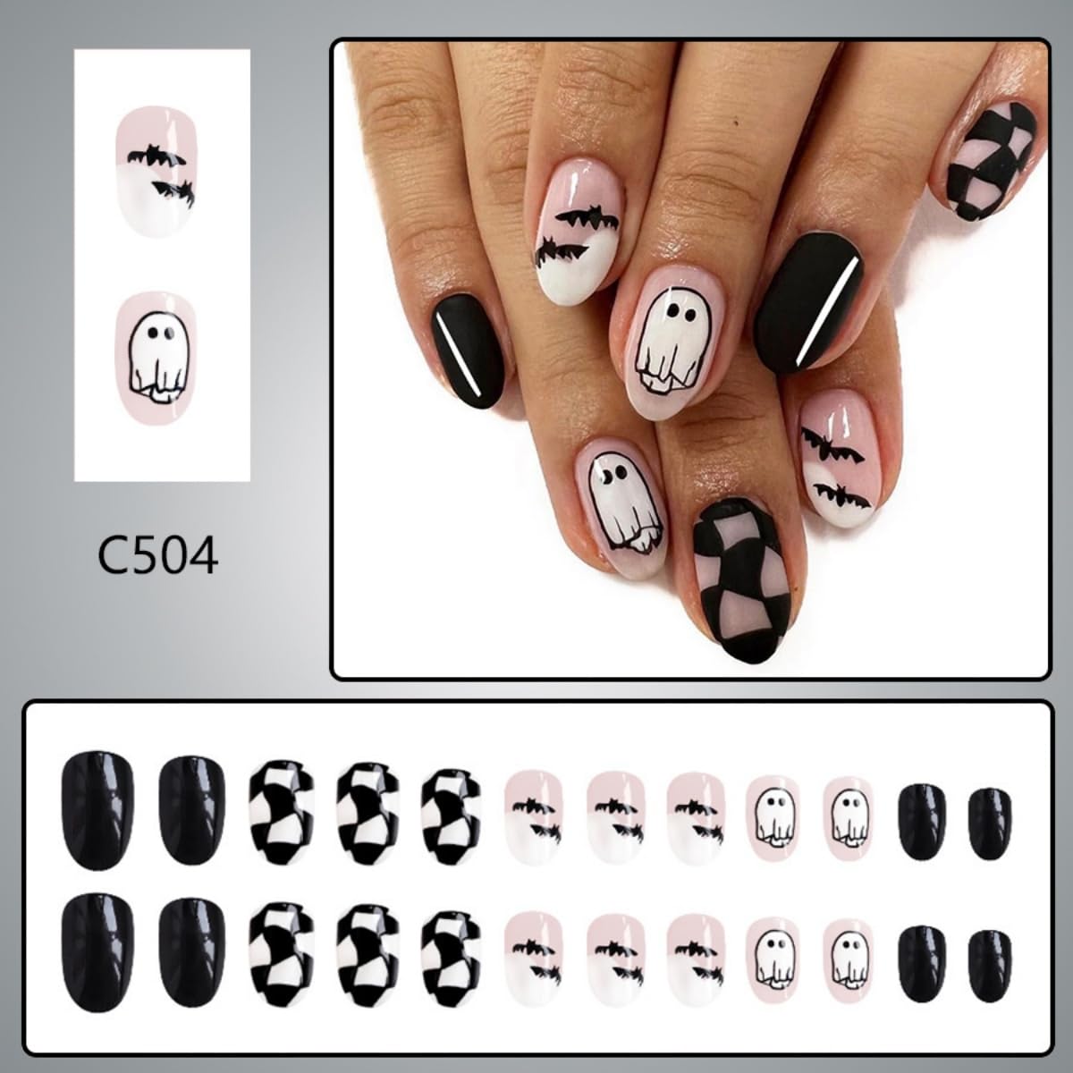 24Pcs Halloween Press on Nails Short Oval Fake Nails with Cute Ghost Bat Design Stick on Nails Black Pink Nails Press Ons Handmade Acrylic Glue on Nails for Women Nails Art Decoration