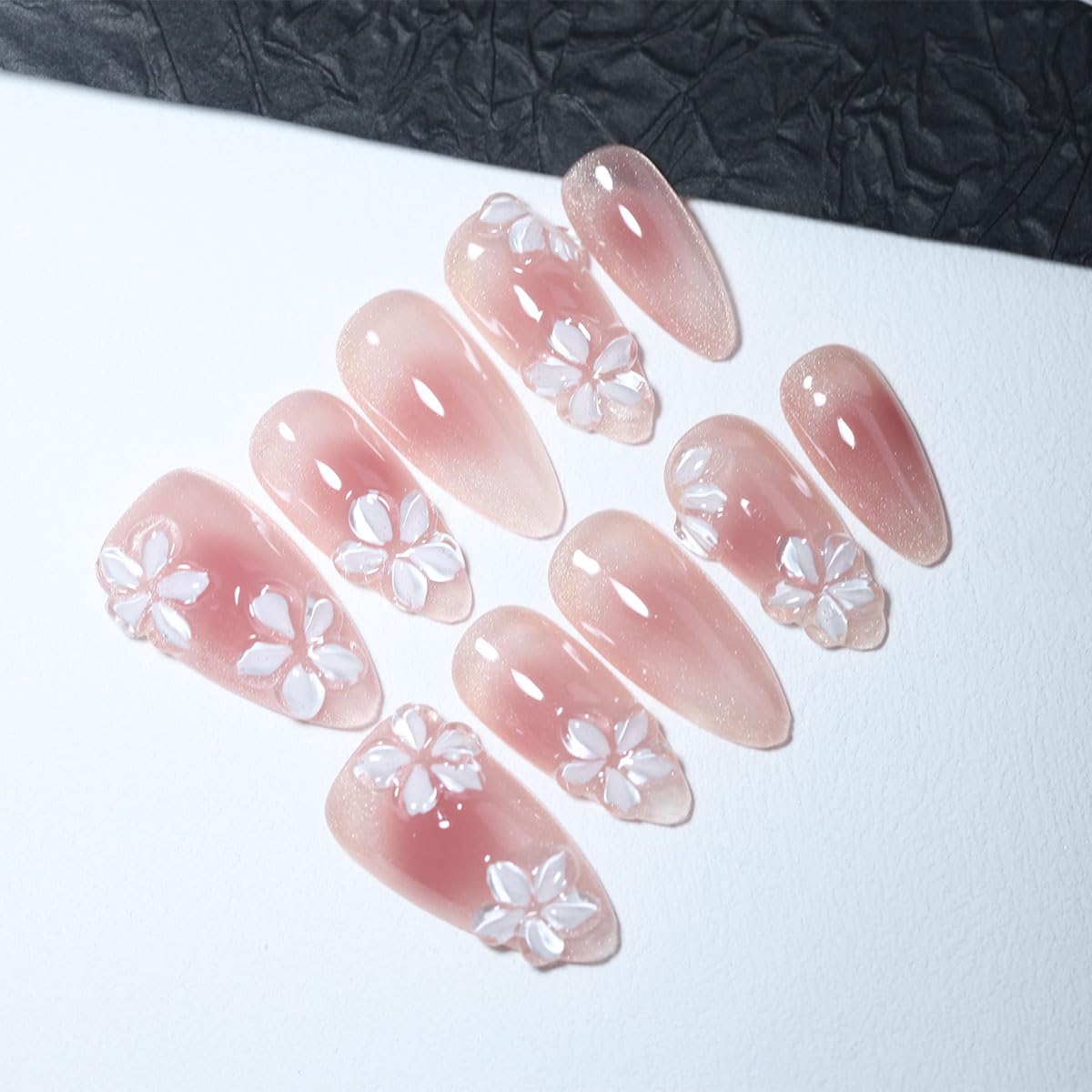 10Pcs Medium Almond Handmade Press On Nails | Easy Apply & Remove, Reusable Salon Quality Nails | Romantic Pink Gradient Fake Nails with 3D Floral & Glitter Accents(5U14, M)