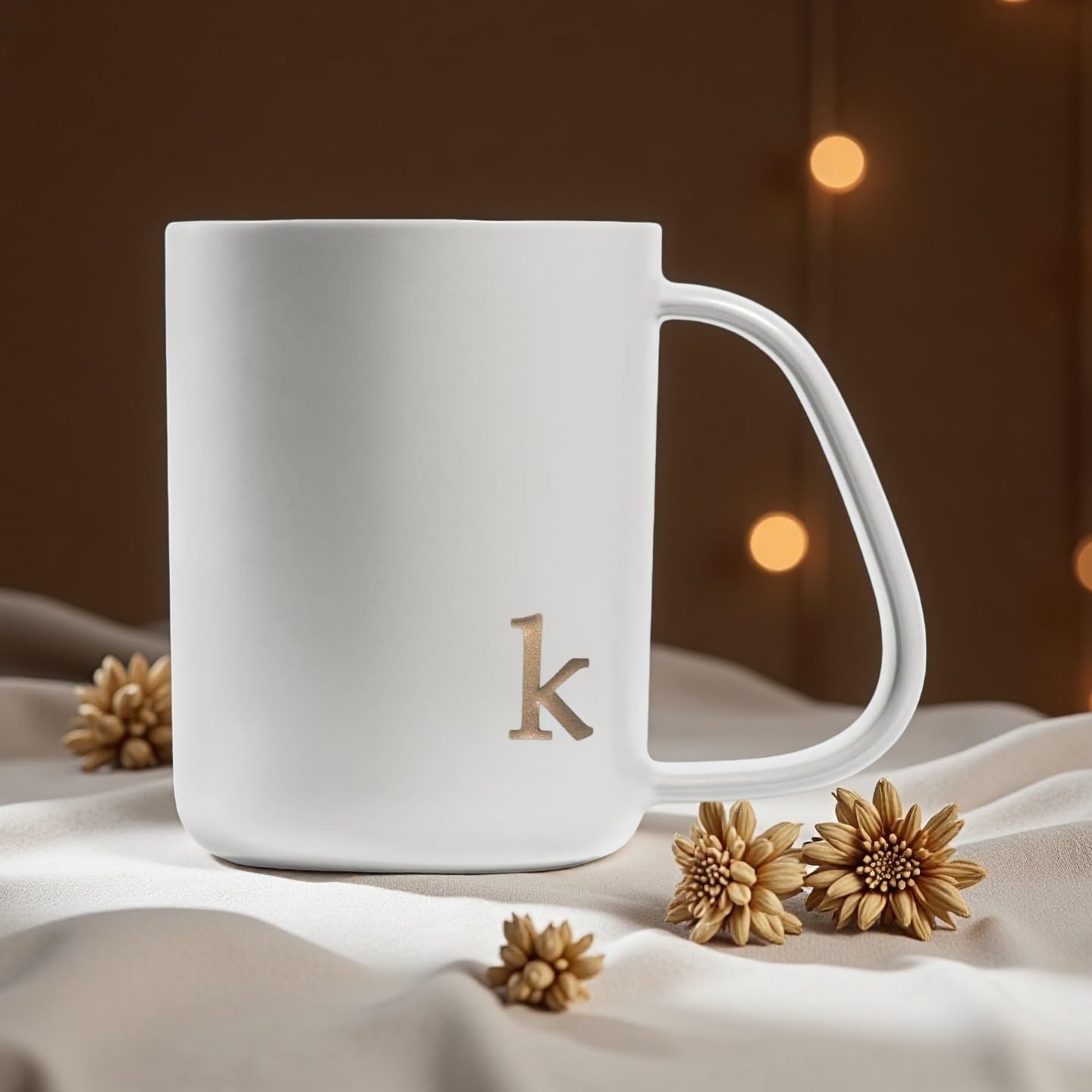 COLLECTIVE HOME - Ergonomic Handle Ceramic Mug, 15 oz Personalized Coffee Cup with Golden Initial, Microwave & Dishwasher Safe, Elegant Monogram Tea Mug in Gift Box for Home & Office (White-k)