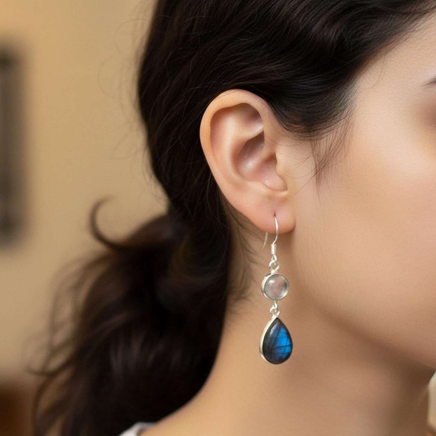 Natural Moonstone and Labradorite Drop Earrings for Women, Sterling Silver, 1.6 Inch Length, 19.45 Carat, Blue and White Gemstones | Gift for Her