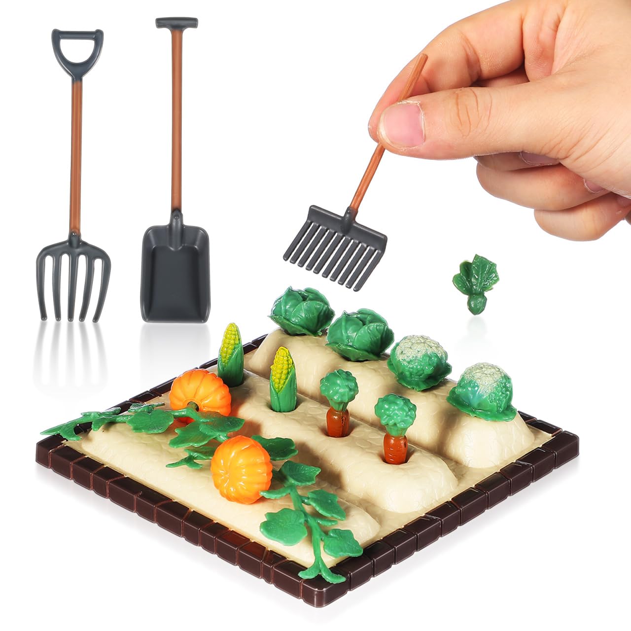 Mini Landscape Vegetable Field Model with 3 Farm Tool Models 1/12 Scale Small Shovel Gardening Tools for Dollhouse Scene Decor 3.54X3.54X0.78 Inch
