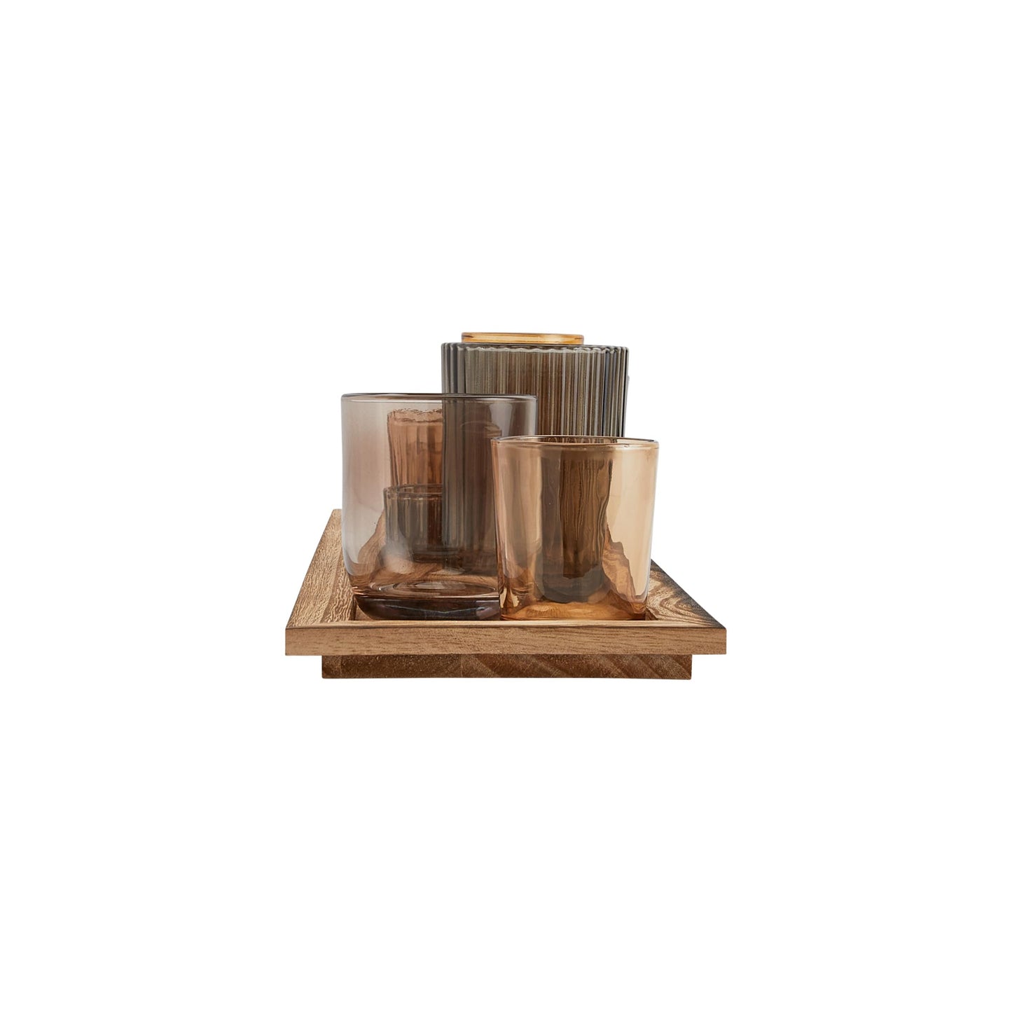 Wood Tray with 9 Brown Glass Votive Holders (Set of 10 Pieces)