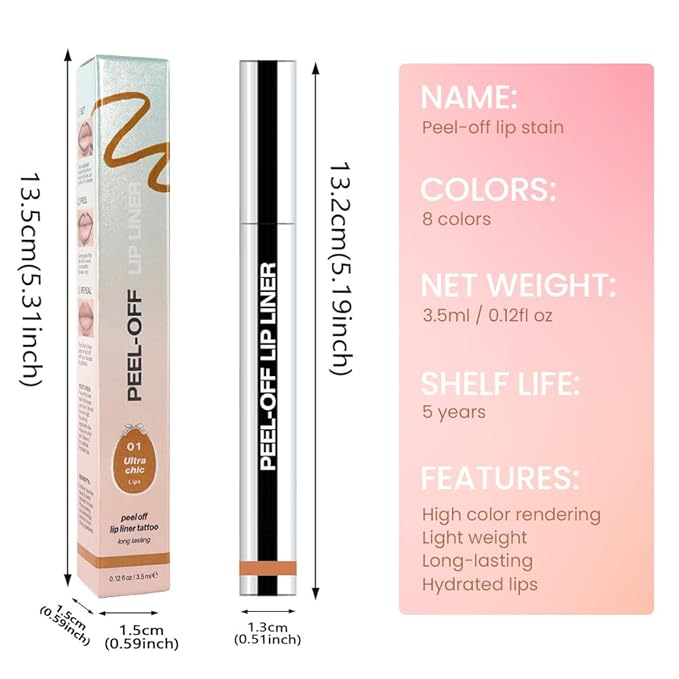 Matte Lip Stain Peel Off Lip Liner, Orange Brown Peel Off Lip Stain Tattoo,Long Lasting & Waterproof Peel Off Lip Gloss Lip Liner,Transfer-Proof All Skin Types.0.12 fl oz #01